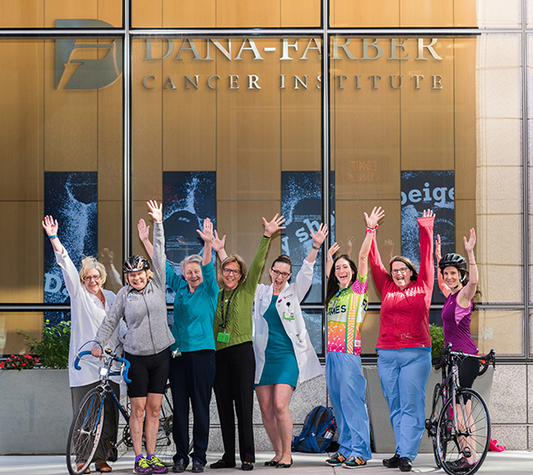 Eight of the nurses who will be riding in the PMC 2016. From left to right, Jean M Landry, MSN, NP, Mary Poyner Reed, RN, PhD, ANP, Donna L Berry, Ph.D., RN, FAAN, Anne H Gross, Ph.D., RN, NEA-BC, Maggie Loucks, NP, Rebecca Guy-Hamilton, RN, BSN, OCN Adult Ambulatory Services, Maura Dacey, RN, Christine Agius, RN, MSN, NP-C, RNC. Photos by Sam Ogden. Adult Ambulatory Services, Maura Dacey, RN, Christine Agius, RN, MSN, NP-C, RNC. Photos by Sam Ogden.